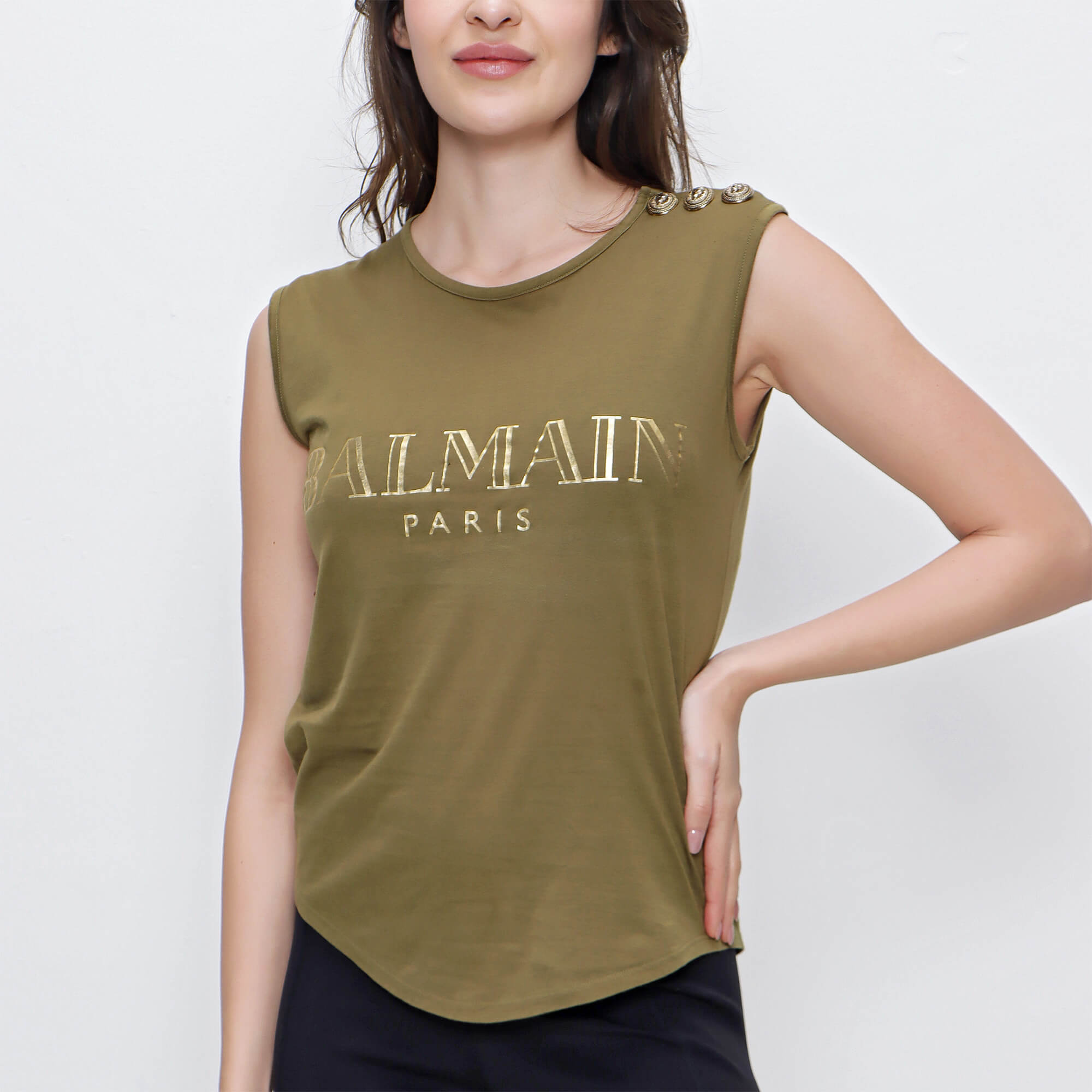 Balmain - Khaki Cotton Sleeveless Tank Top 